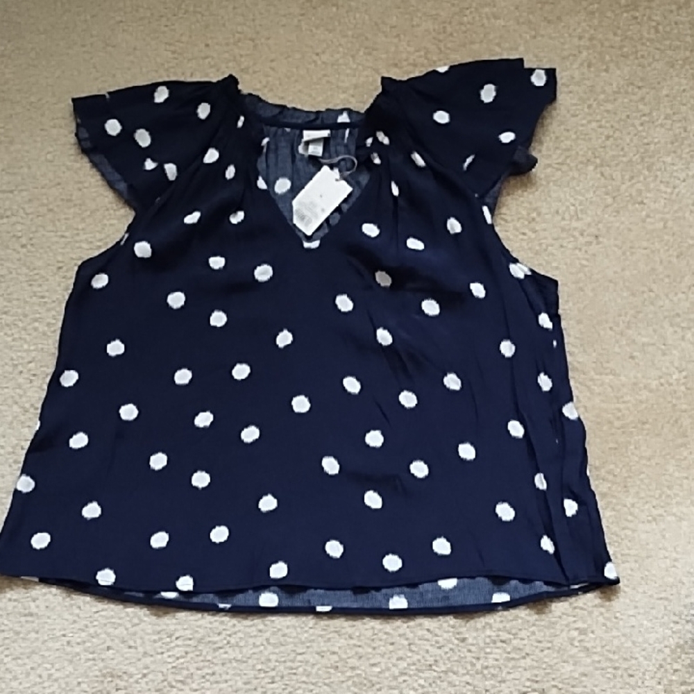 NWT A New Day Navy Blue Polka Dot Flutter Sleeve Blouse Size XL Fits 2XL